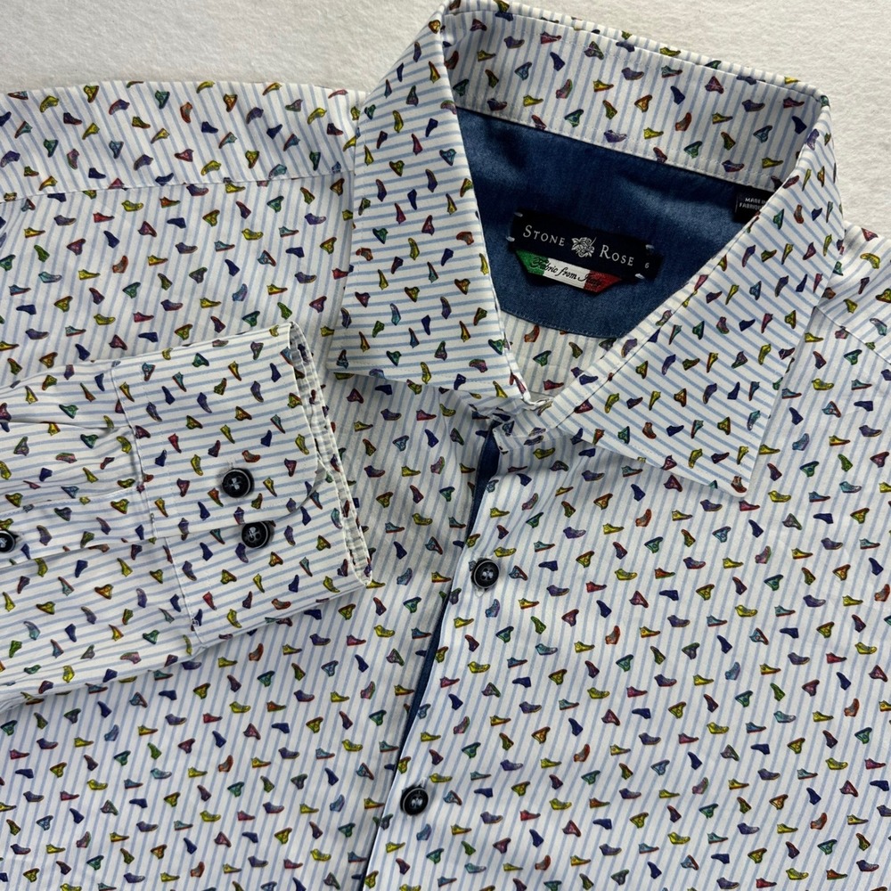 Stone Rose Mens Blue White Striped Sneaker Print Button Down Shirt Size 6 or XXL